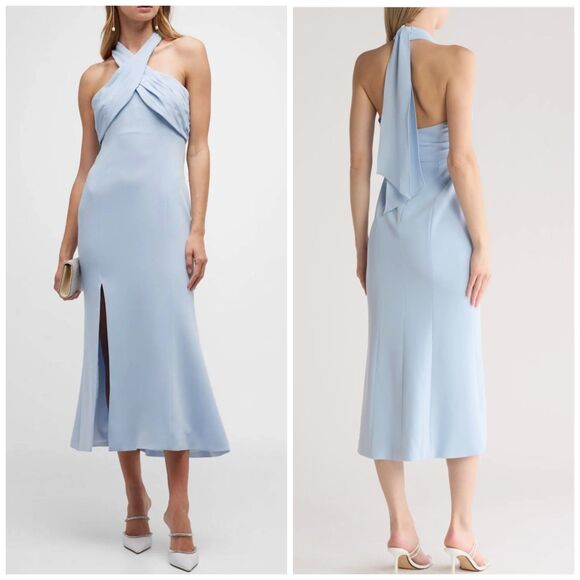 NEW Cinq a Sept Adela Tie-Back Trumpet Midi Dress in Light Blue - Picture 1 of 10